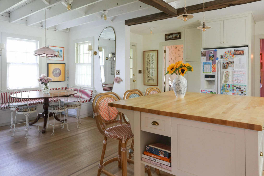 Kitchen with white ceiling fixtures.