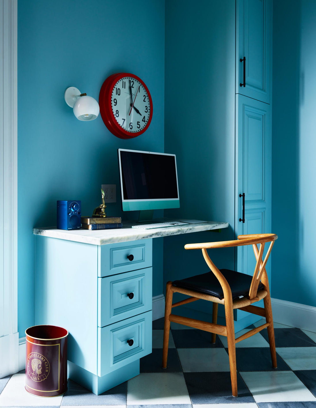 Blue desk.