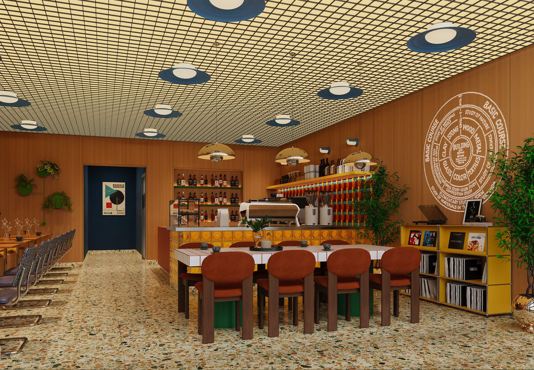 Cafe with blue overhead lights