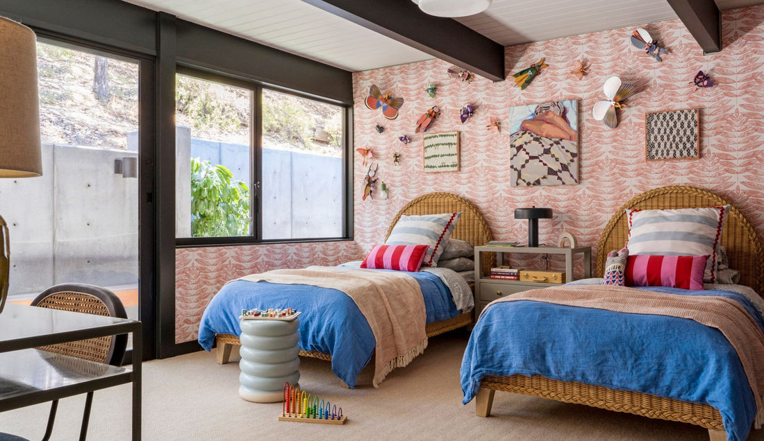 Eclectic bedroom with rattan beds.