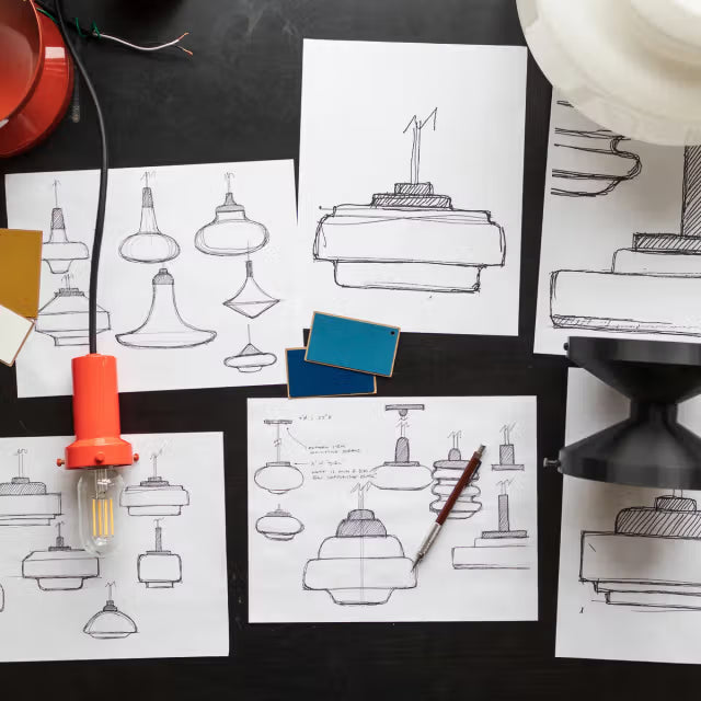 Overhead view of pendant light design sketches on a black table with a red corded lamp, blue finish swatches, and a pencil