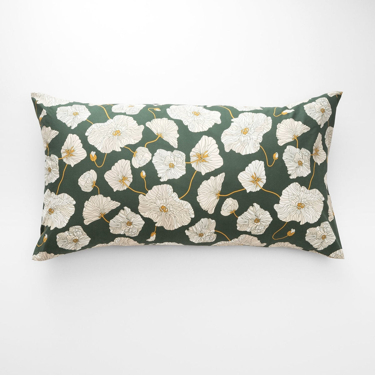 Front view of Blooming Field Pillow Sham showing cream poppy print with gold stems on deep green background