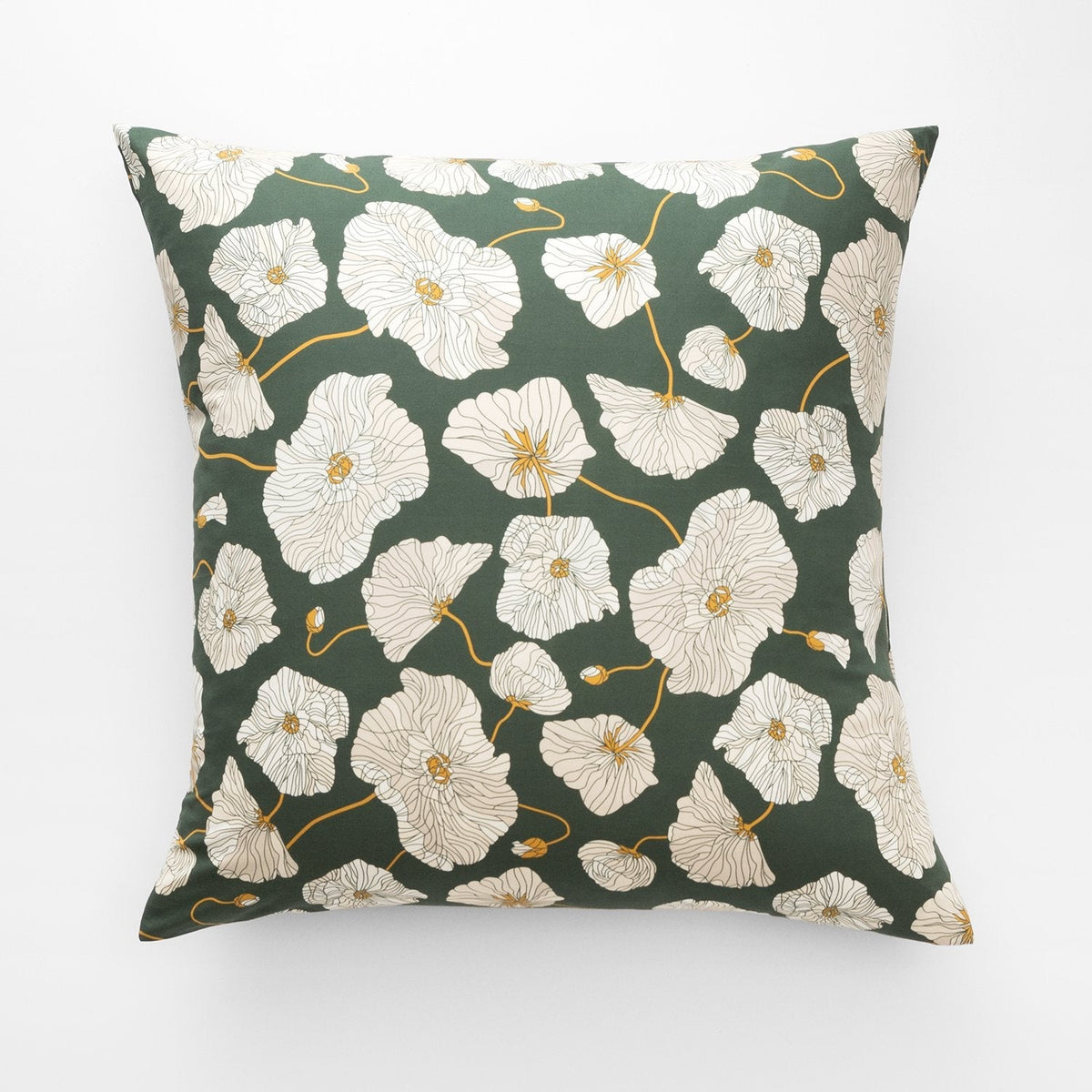 Front view of Blooming Field Pillow Sham showing cream poppy print with mustard stems on a green background