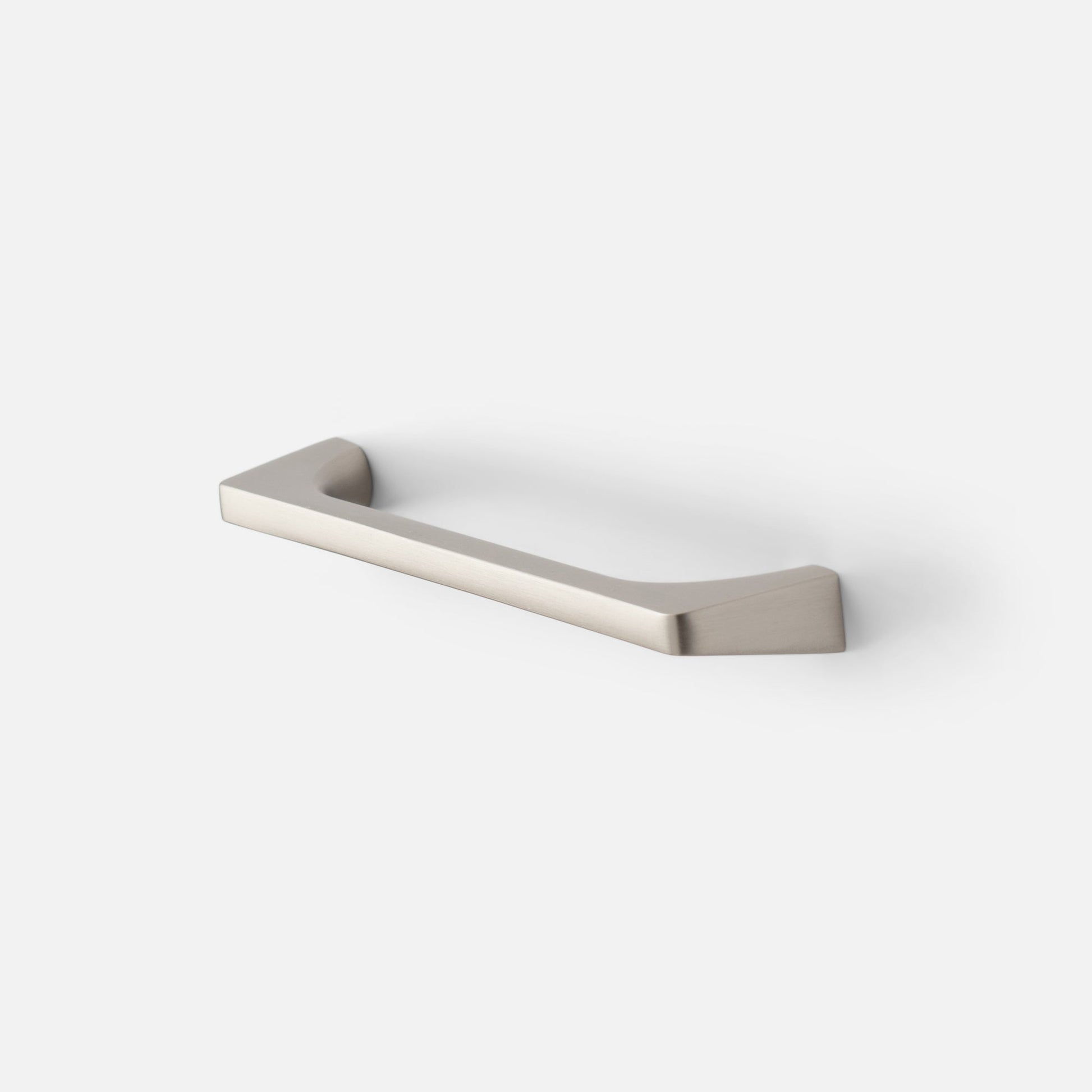 Angled close-up of Truss Pull showcasing satin nickel finish and truss-inspired angular profile on white background