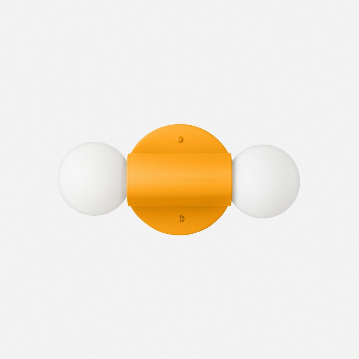 Front view of Cylinder Double Sconce with a cylindrical center and two white globe shades on a white background