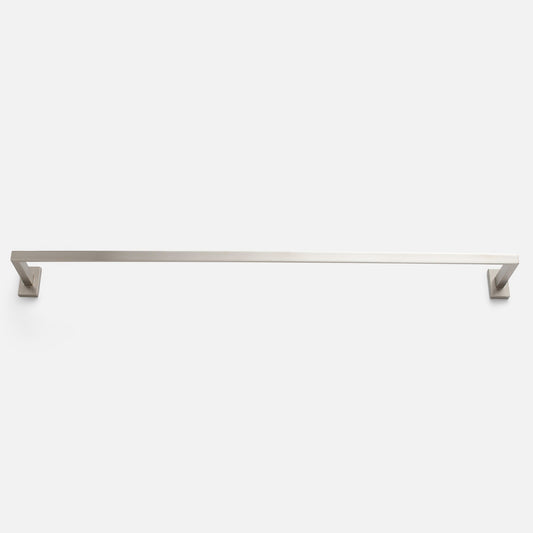 Front view of Edgecliff towel rod showcasing satin nickel finish and square wall mounts against a white background