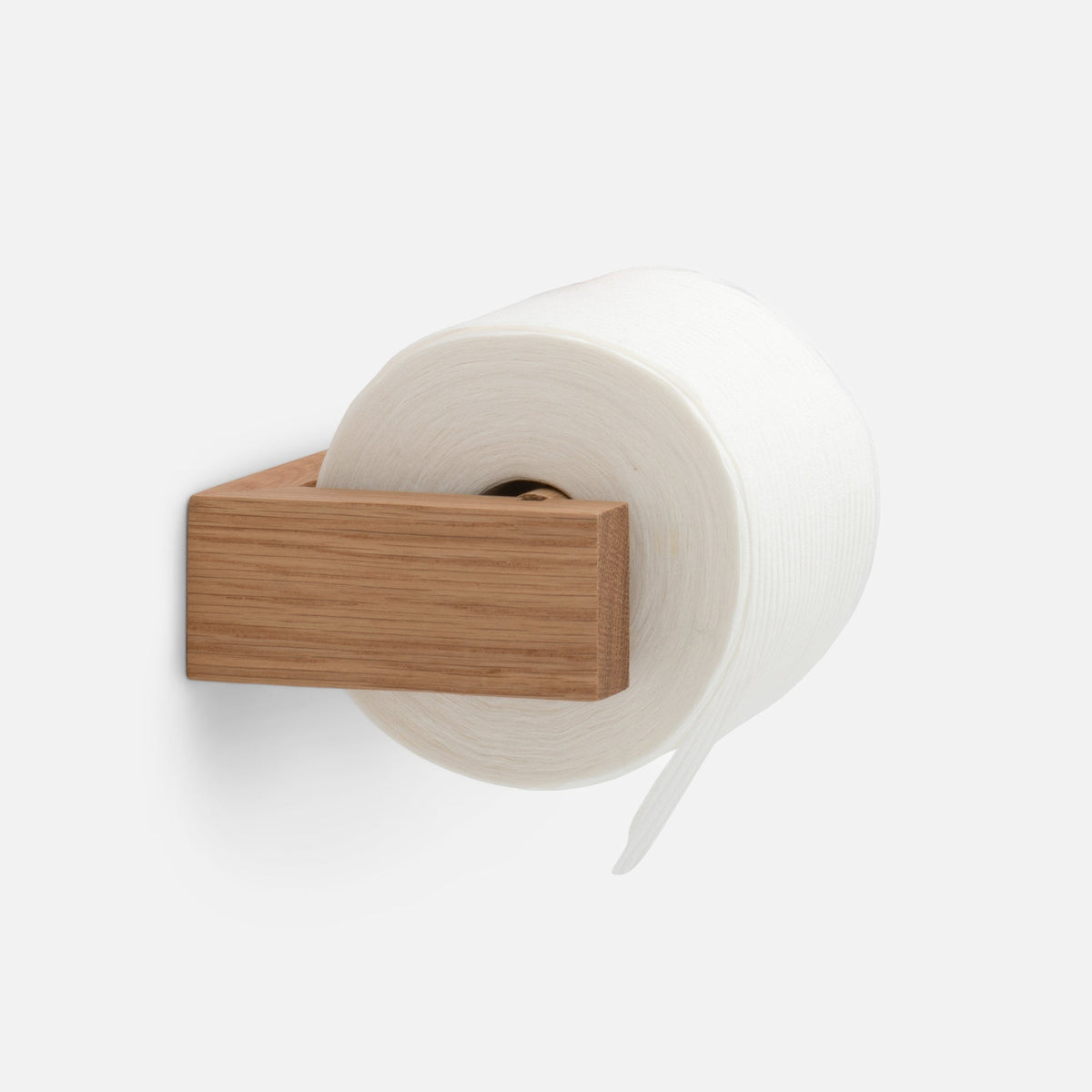 Front view of Oak Tissue Roll Holder showcasing its oak wood bar and tissue roll against a white background