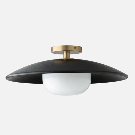 Front view of Atwood Flush Mount showcasing black oak shade, opal glass, and natural brass fixture on white background