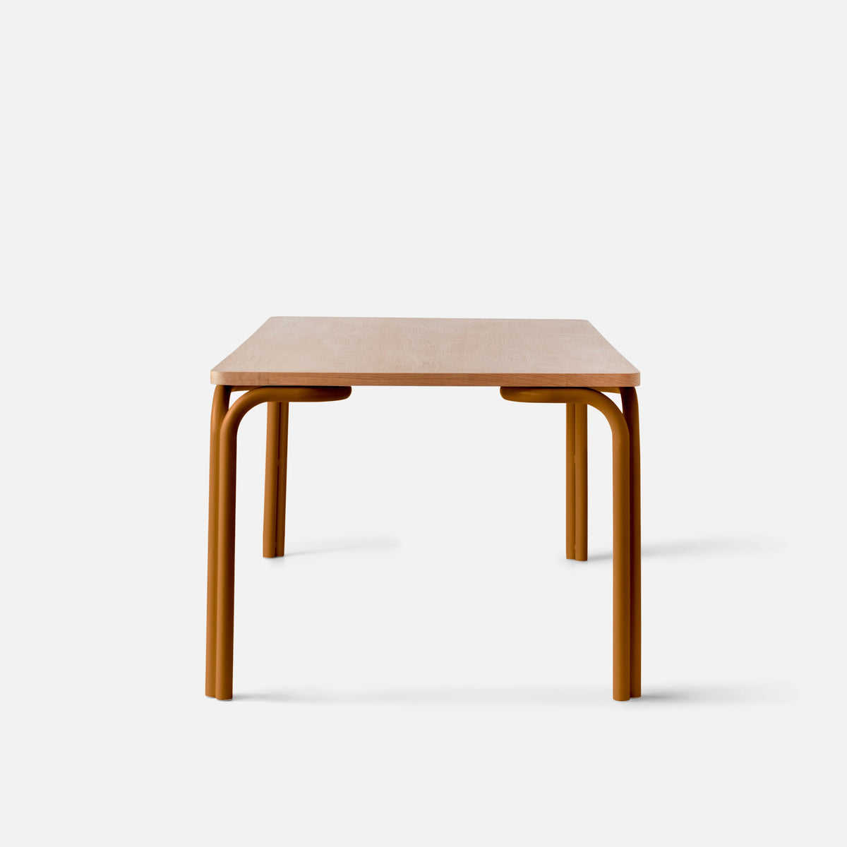 Front view of Forma Dining Table showcasing light oak veneer top and curved gold powder coated steel legs with a white background