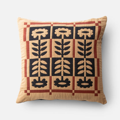 Front view of Stillwater Floral Sham showcasing mirrored black floral motif and red grid border on tan cotton background