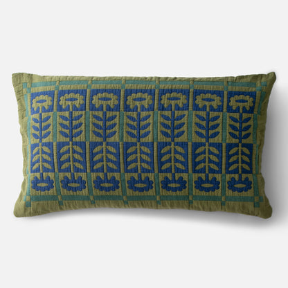 Front view of Stillwater Floral Sham showing green cotton with blue mirrored floral applique grid on white background