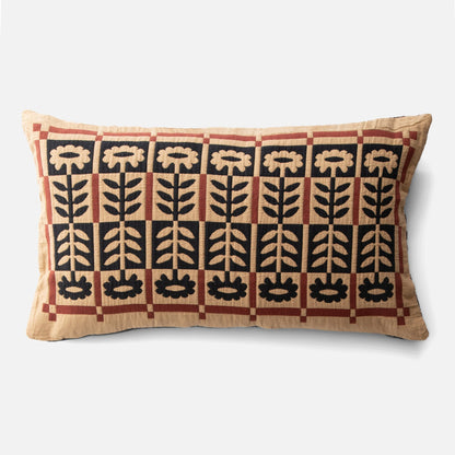 Front view of Stillwater Floral Sham with mirrored black floral applique and rust color-block grid on tan background