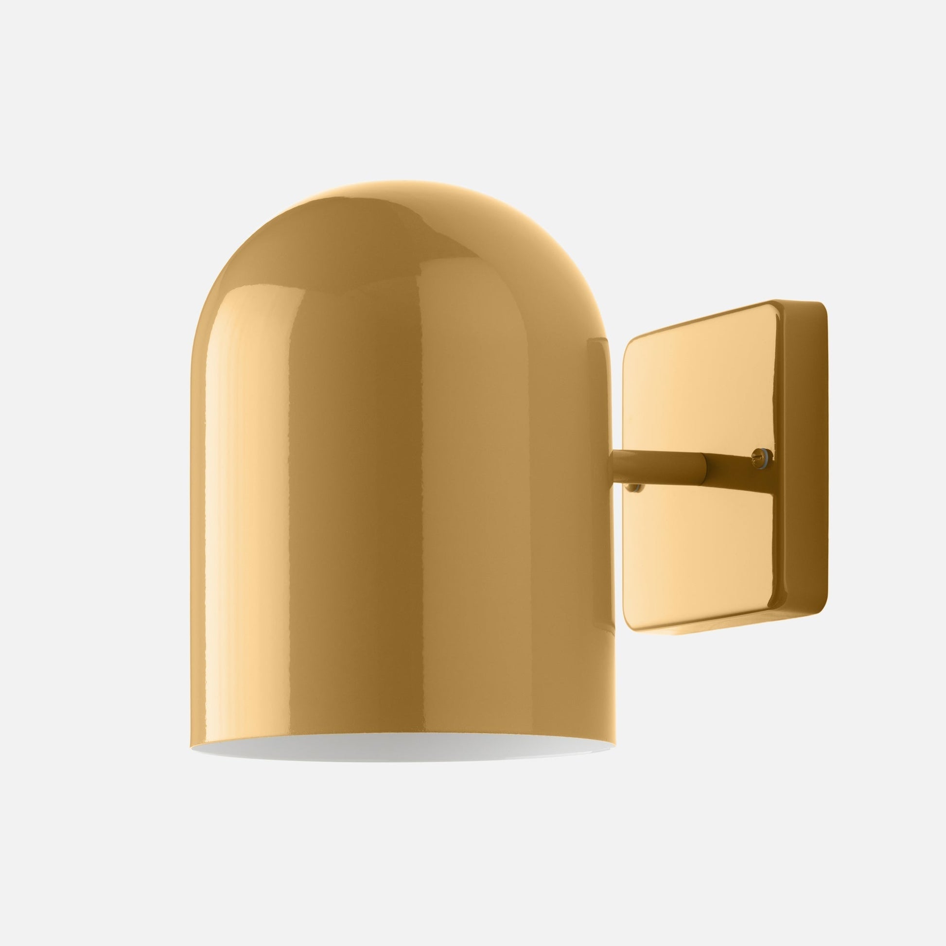 Close-up of Allegheny wall sconce showcasing glossy gold finish and rectangular backplate on white background