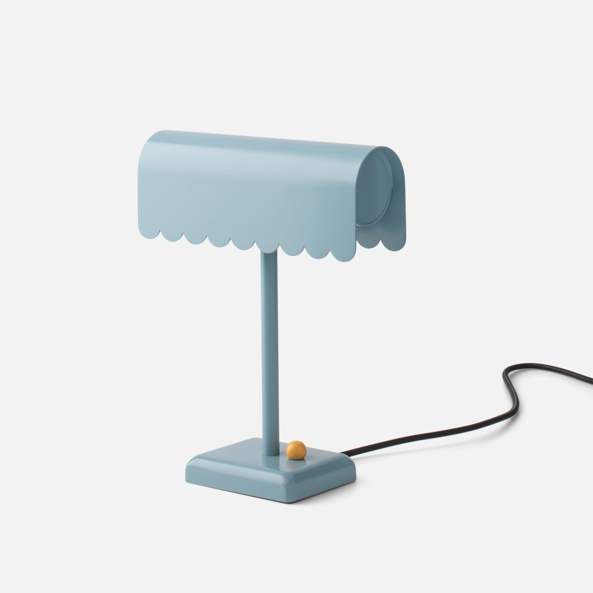 Front view of Dolores Table Lamp showcasing scalloped edge and contrasting dimmer knob against a white background