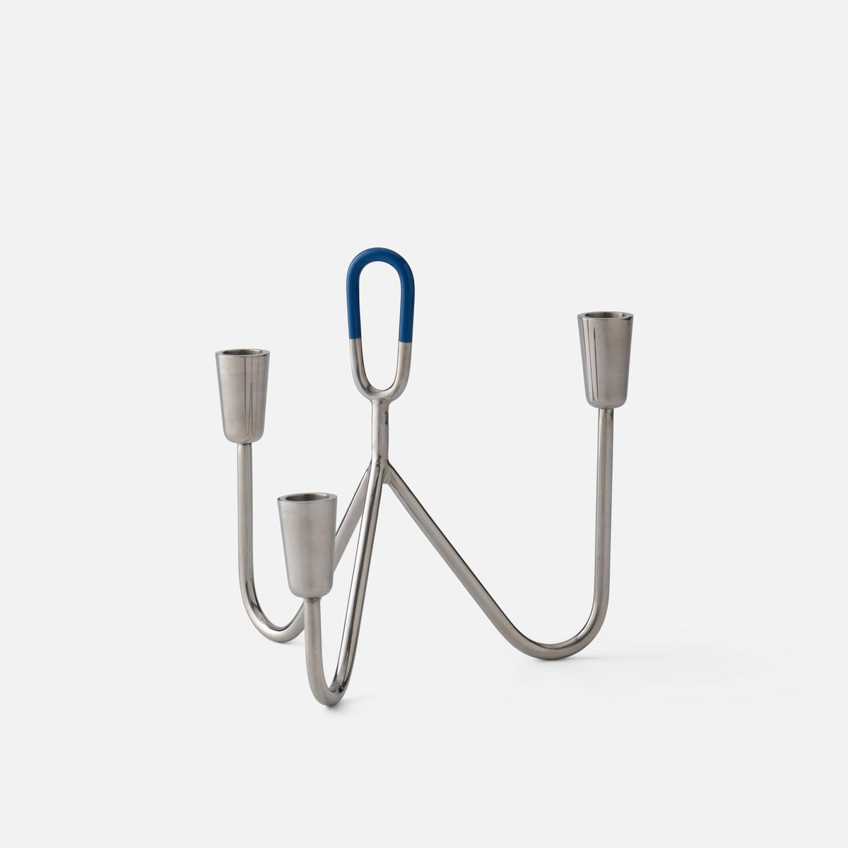 Front view of Loop Candelabra showcasing chrome finish, three candle holders, and blue loop accent with a white background