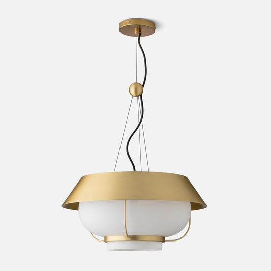 Front view of Alfred pendant showcasing natural brass shade and white opal glass diffuser against a light gray background
