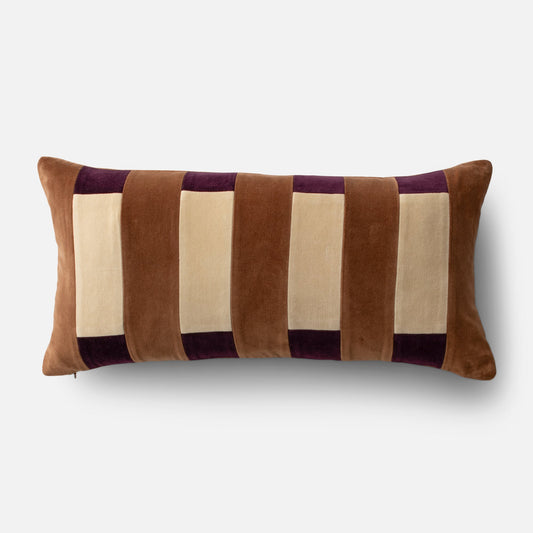 Front view of Pieced Velvet Pillow Cover, lumbar with brown, cream, and plum velvet stripes on neutral background