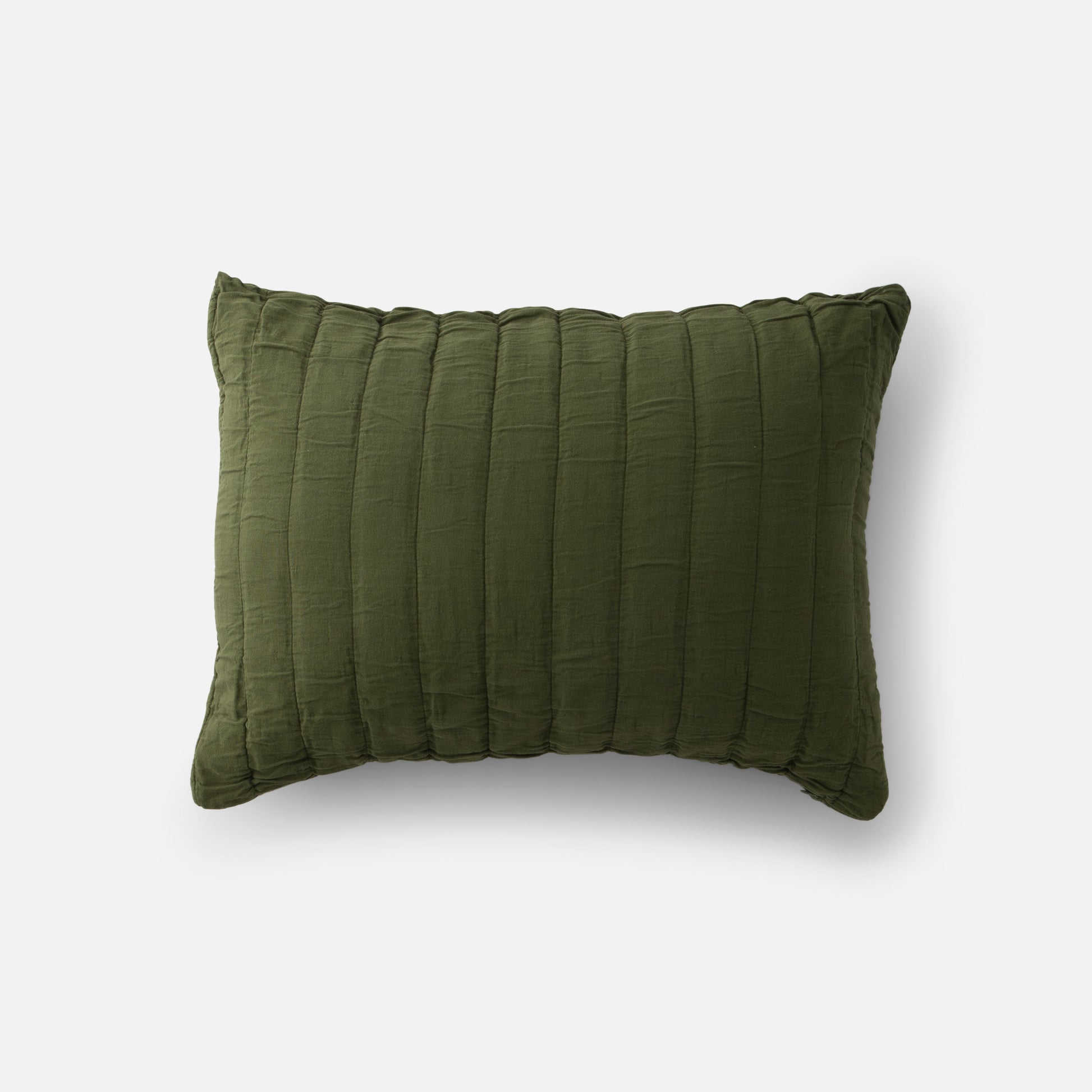 Top-down view of Channeled Cotton Sham in green showing vertical channeled quilting on a light gray background