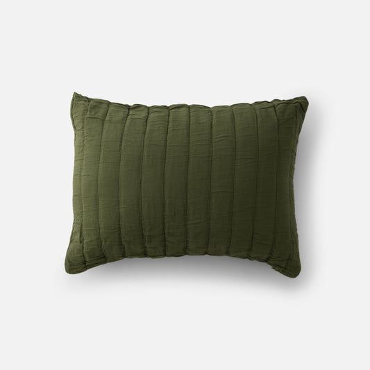 Top-down view of green channeled cotton sham showcasing vertical channel quilting on a light gray background