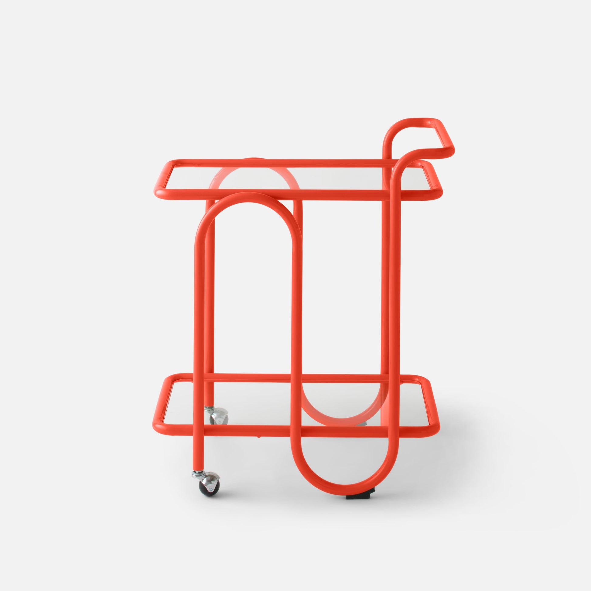 Side view of Lolly Bar Cart showing red tubular frame, rounded bottle ring and casters on white background