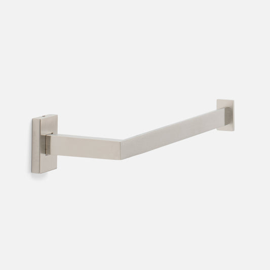 Three-quarter view of Edgecliff hand towel holder showing square bar and rectangular mounts in satin nickel on light gray